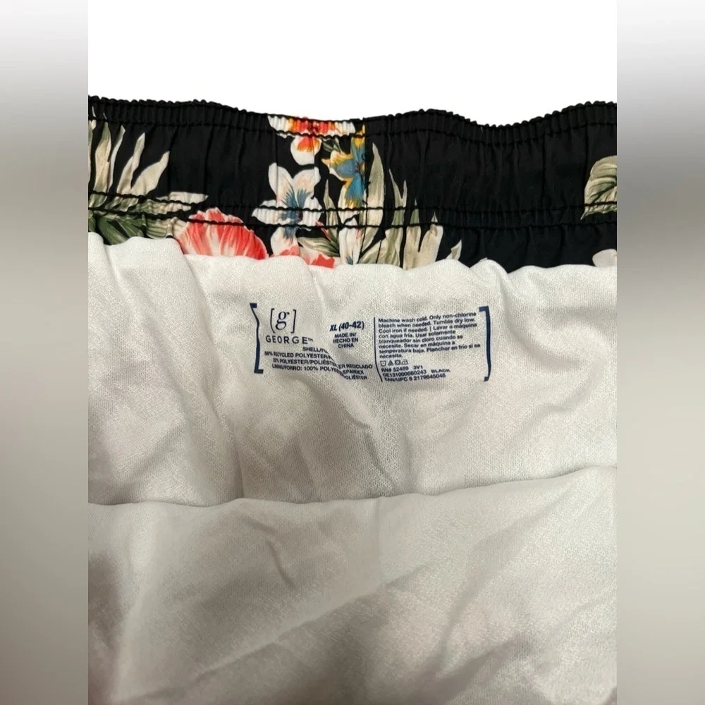 Black floral Hawaiian print swim trunks